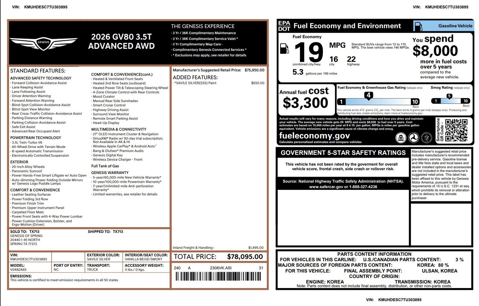 Certified 2026 Genesis GV80 3.5T Advanced image 3