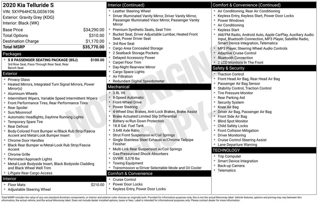 Used 2020 Kia Telluride S w/ S 8 Passenger Seating Package image 5