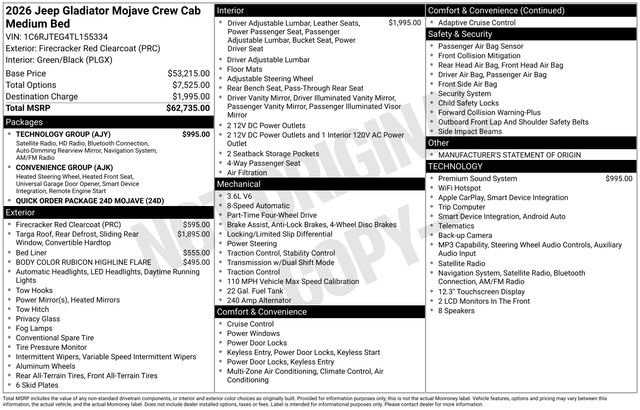 New 2026 Jeep Gladiator Mojave w/ Technology Group AWD/4WD image 7