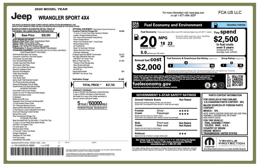Certified 2020 Jeep Wrangler Sport AWD/4WD image 2