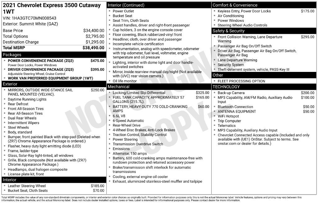 Used 2021 Chevrolet Express 3500 w/ Power Convenience Package RWD image 3