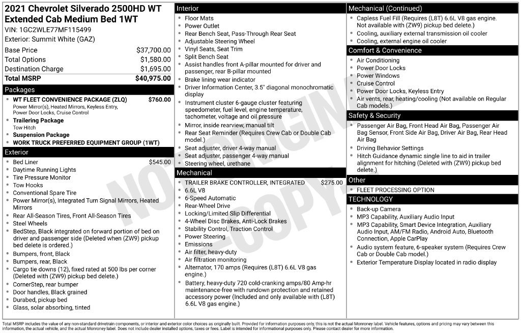 Used 2021 Chevrolet Silverado 2500 W/T w/ WT Fleet Convenience Package RWD image 20