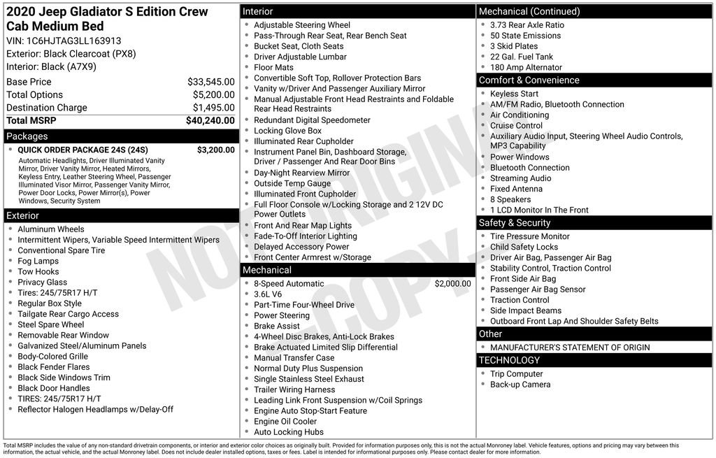 Used 2020 Jeep Gladiator Sport w/ Quick Order Package 24S image 6