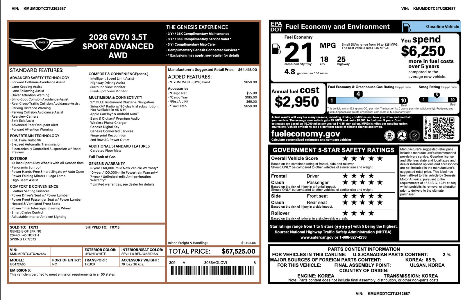 Certified 2026 Genesis GV70 3.5T Sport Advanced AWD/4WD image 3