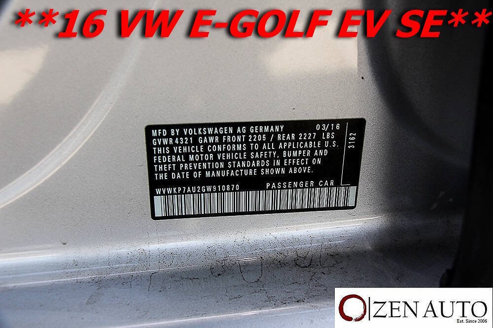 Used 2016 Volkswagen e-Golf SE FWD image 52