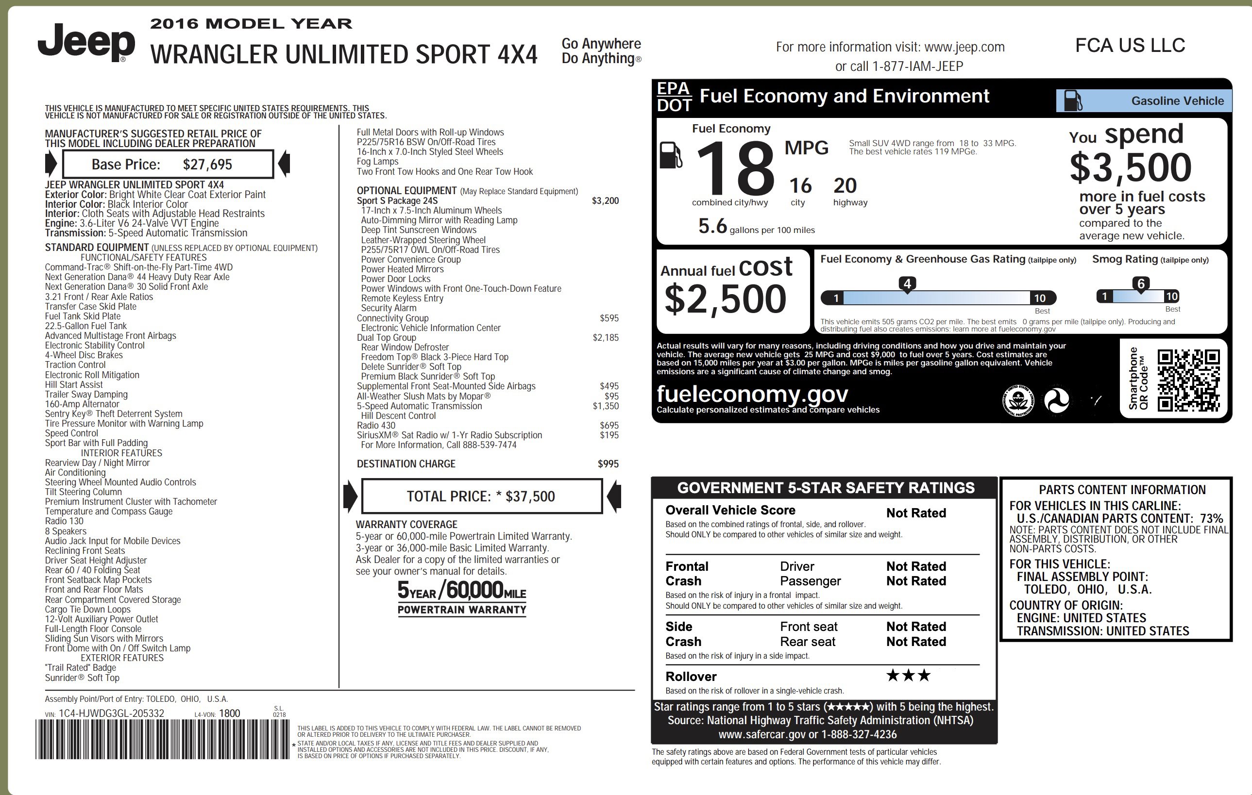 Used 2016 Jeep Wrangler Unlimited Sport w/ Quick Order Package 24S image 3