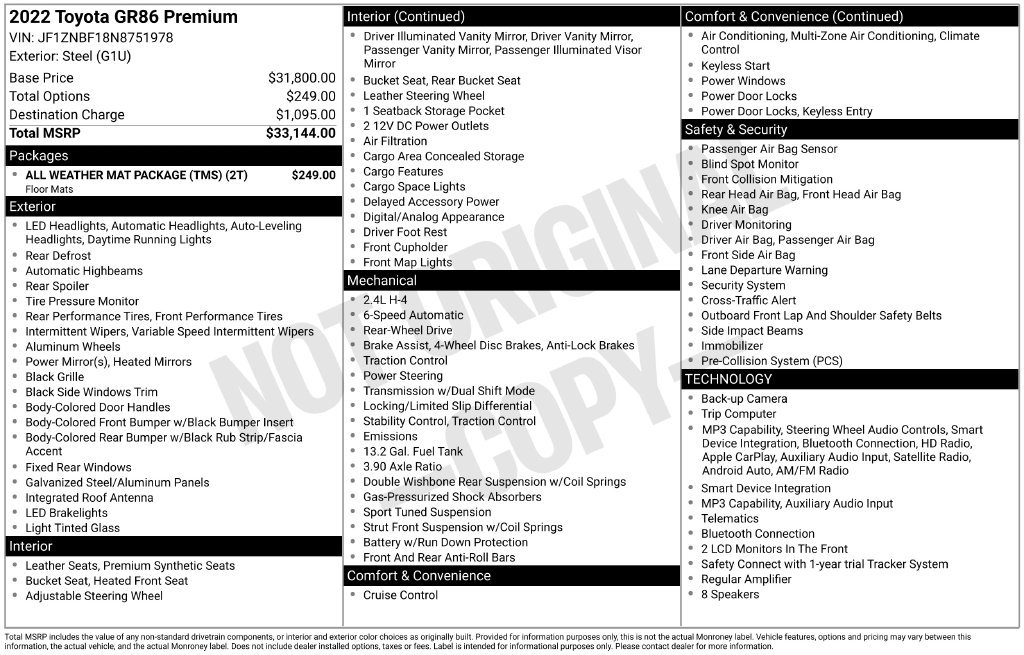 Used 2022 Toyota GR86 Premium w/ ALL Weather Mat Package (TMS) RWD image 47