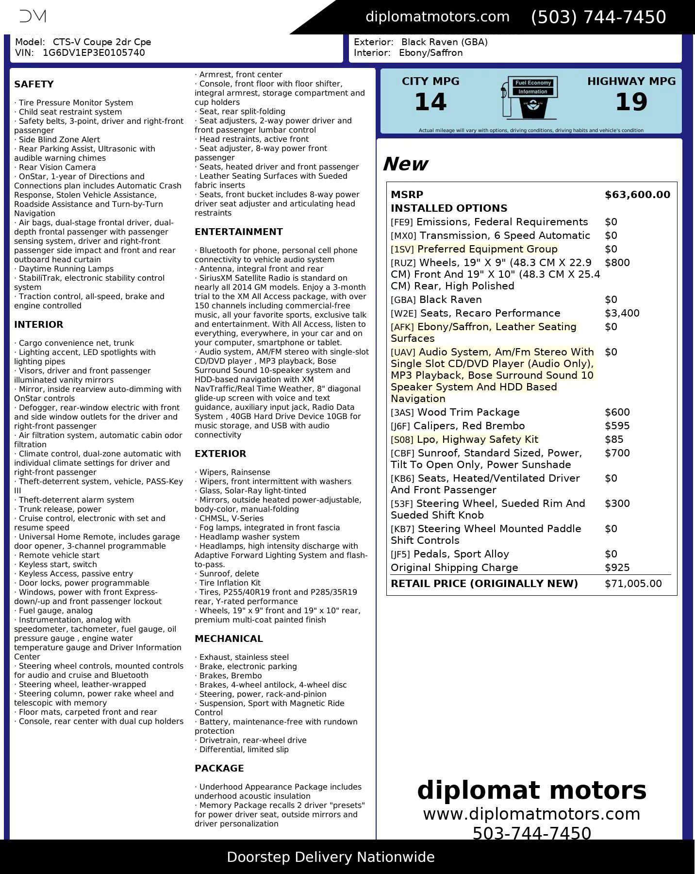 Used 2014 Cadillac CTS V w/ Wood Trim Package image 2