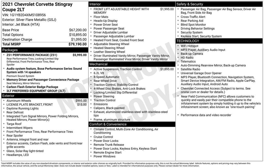 Used 2021 Chevrolet Corvette Stingray Preferred Cpe w/ Z51 Performance Package RWD image 2