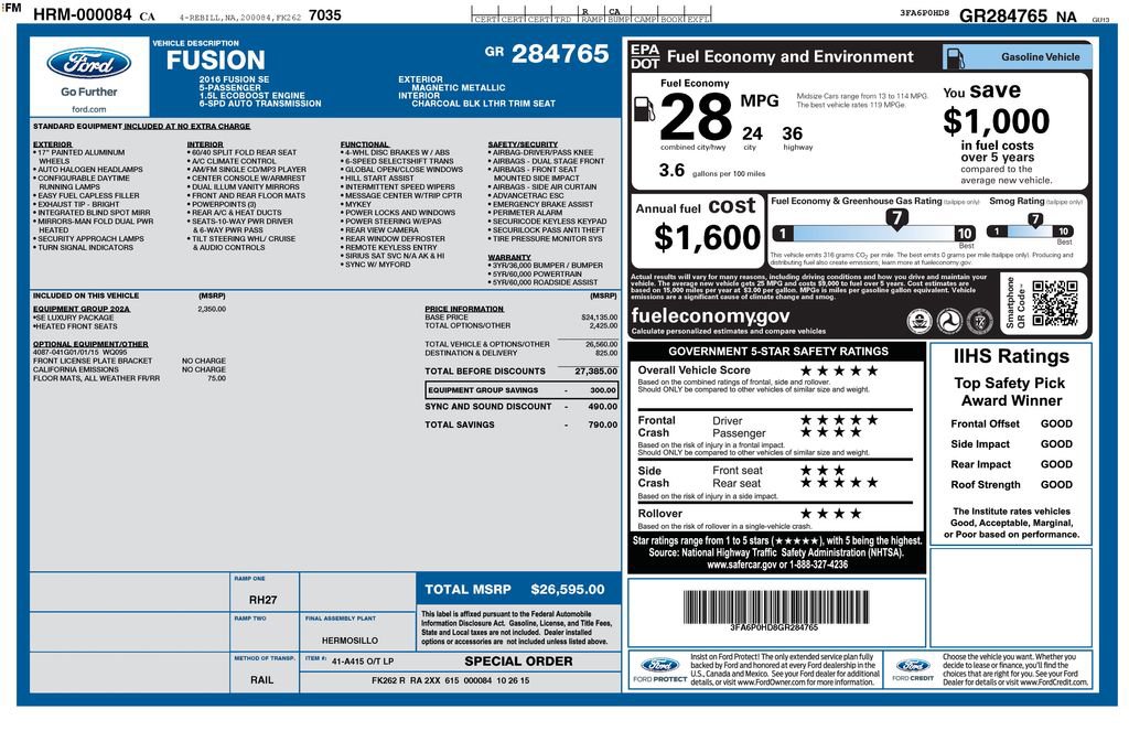 Used 2016 Ford Fusion SE w/ Equipment Group 202A