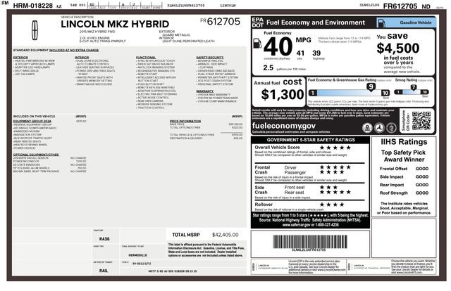 Used 2015 Lincoln MKZ Hybrid w/ Equipment Group 202A Reserve image 2