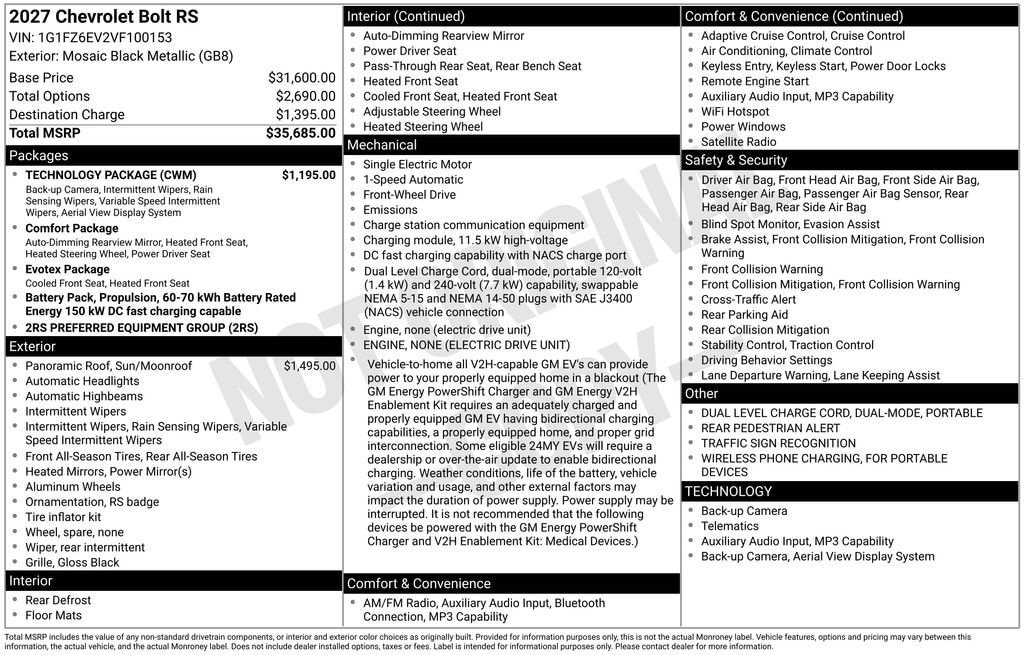 New 2027 Chevrolet Bolt RS w/ Technology Package FWD image 31