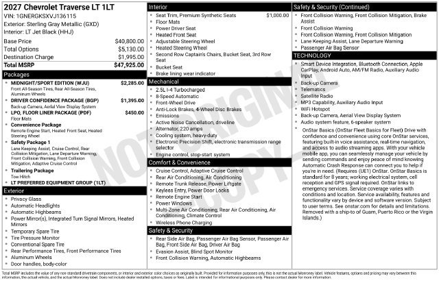 New 2027 Chevrolet Traverse LT w/ Midnight/Sport Edition FWD image 37
