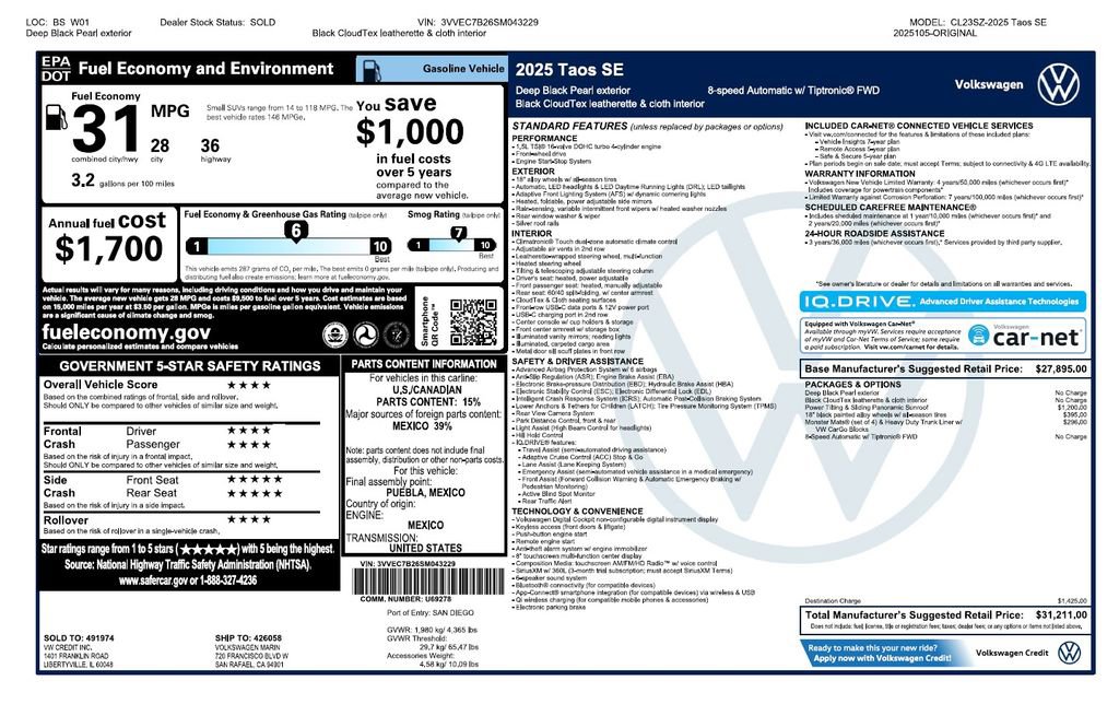 Used 2025 Volkswagen Taos SE w/ Panoramic Sunroof Package FWD image 2