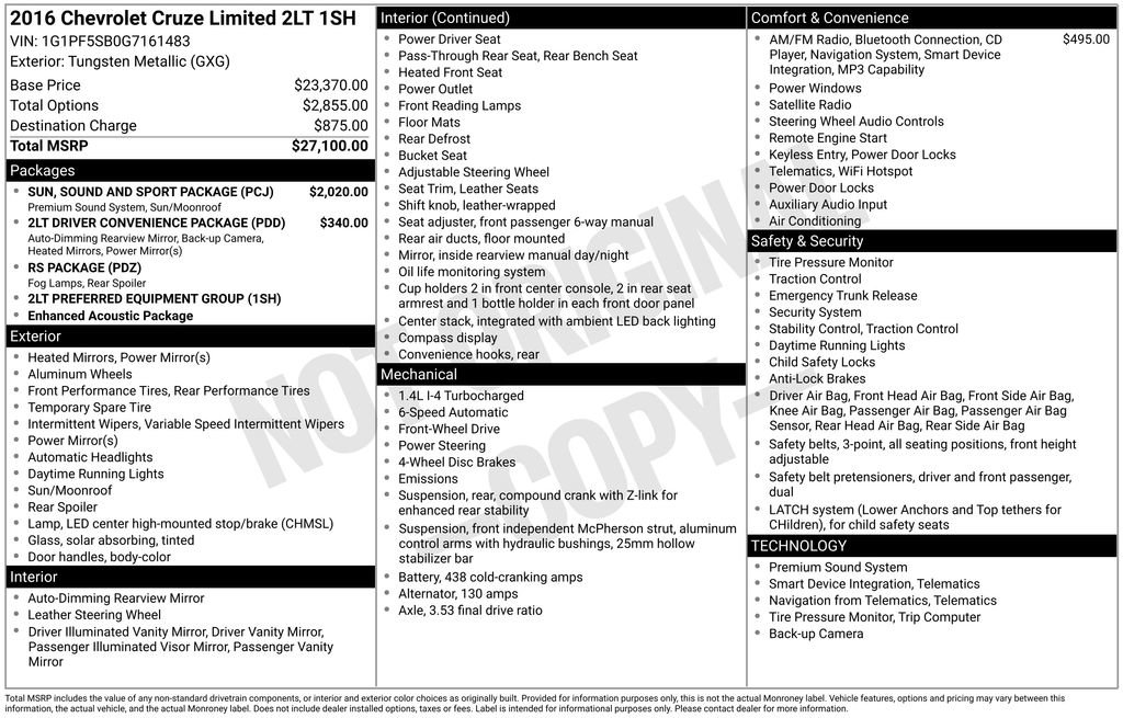 Used 2016 Chevrolet Cruze LT w/ Sun, Sound and Sport Package FWD image 2