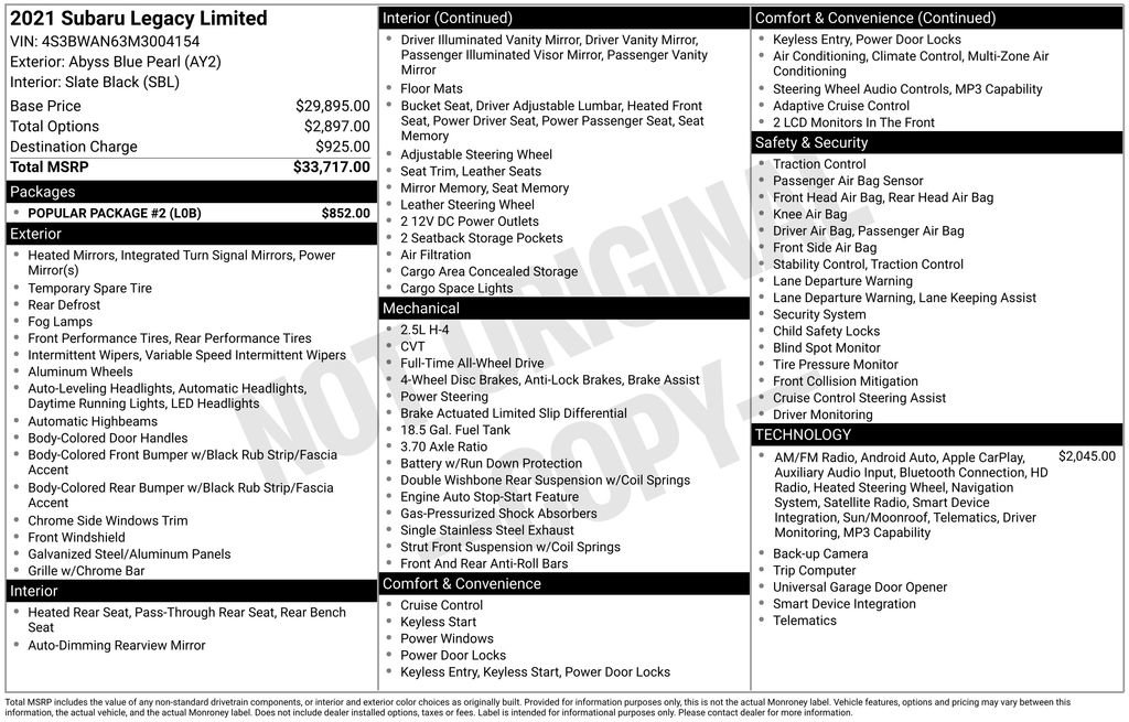 Certified 2021 Subaru Legacy Limited w/ Popular Package #2 AWD/4WD image 24
