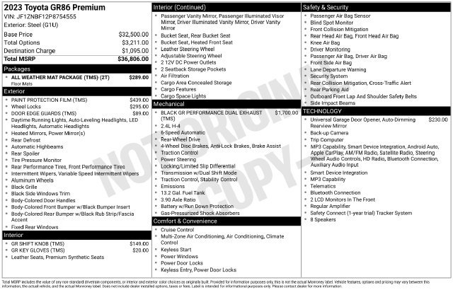 Used 2023 Toyota GR86 Premium w/ ALL Weather Mat Package (TMS) RWD image 28