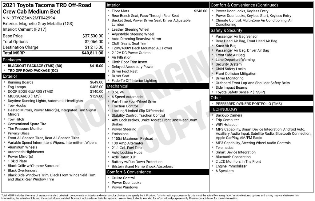 Used 2021 Toyota Tacoma TRD Off-Road w/ Blackout Package (TMS) AWD/4WD image 38
