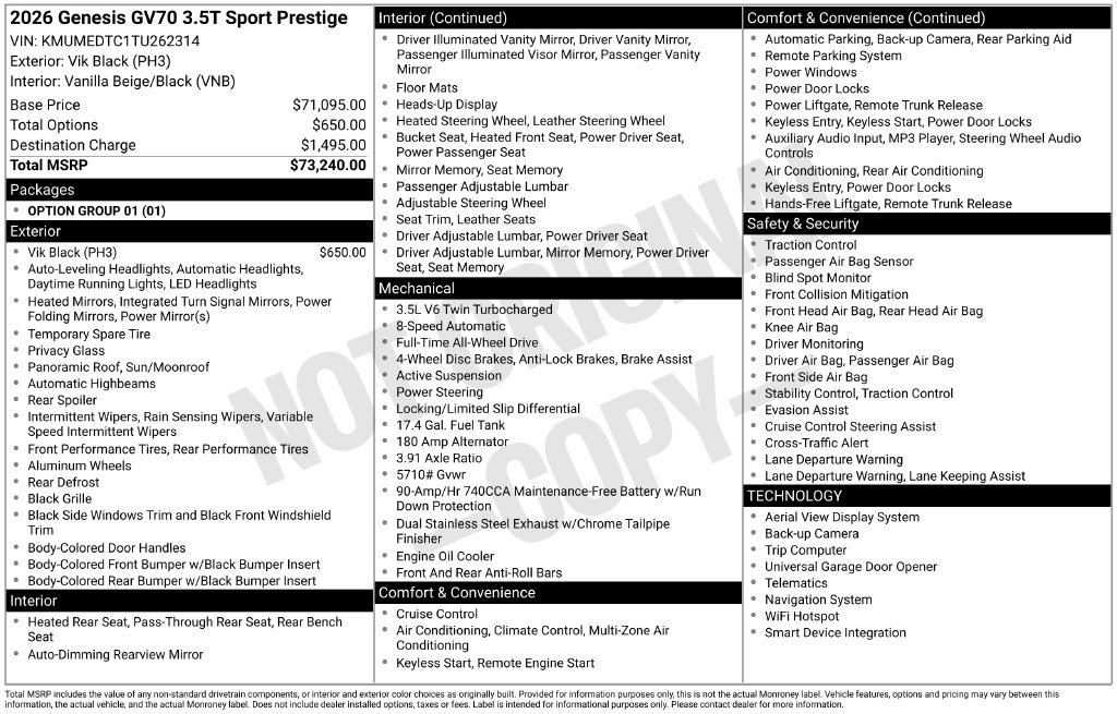 New 2026 Genesis GV70 3.5T Sport Prestige AWD/4WD image 3