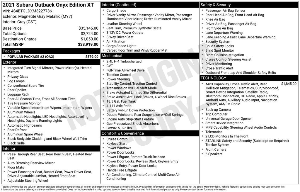 Certified 2021 Subaru Outback Onyx Edition XT w/ Popular Package #2 AWD/4WD image 46