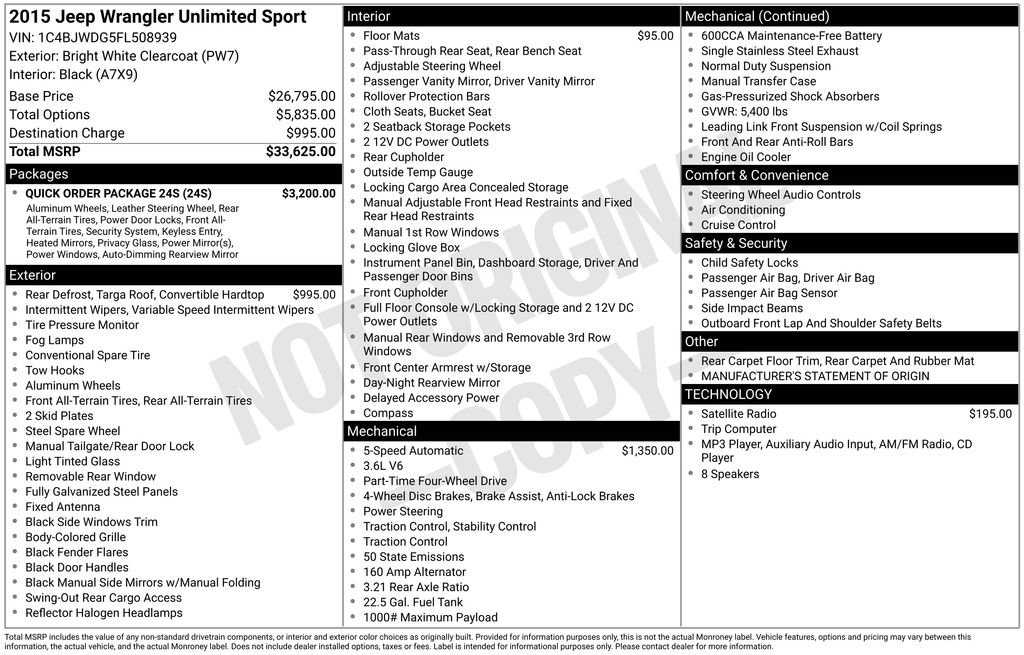Used 2015 Jeep Wrangler Unlimited Sport w/ Quick Order Package 24S AWD/4WD image 6