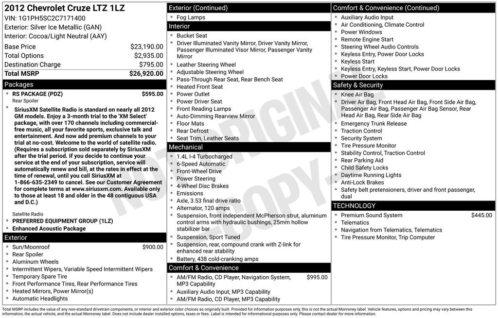 Used 2012 Chevrolet Cruze LTZ w/ RS Package FWD image 2