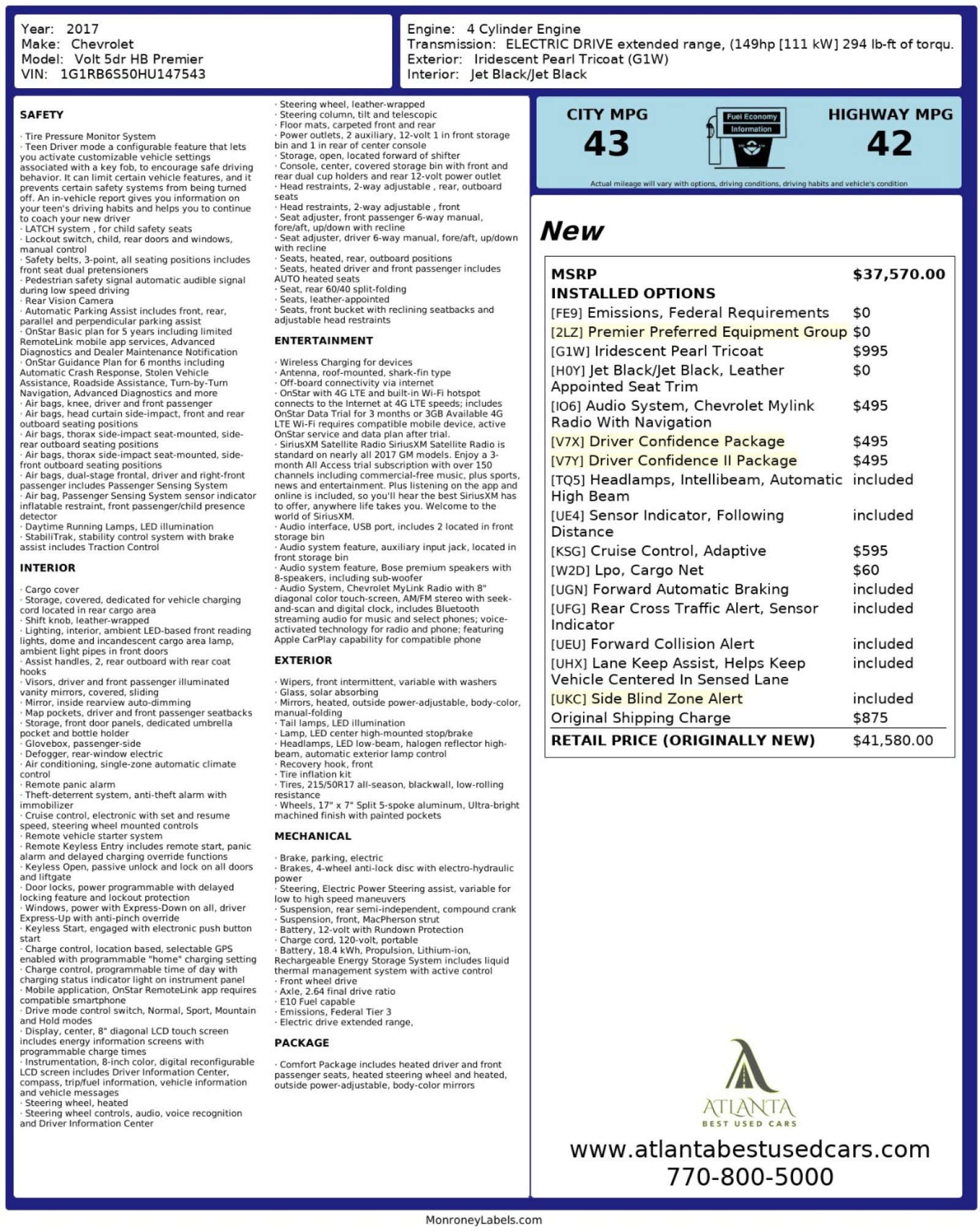 Used 2017 Chevrolet Volt Premier w/ Driver Confidence II Package image 53