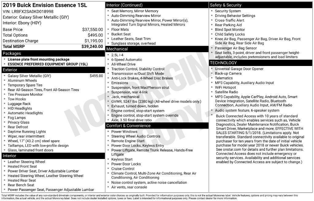 Certified 2019 Buick Envision Essence AWD/4WD image 2