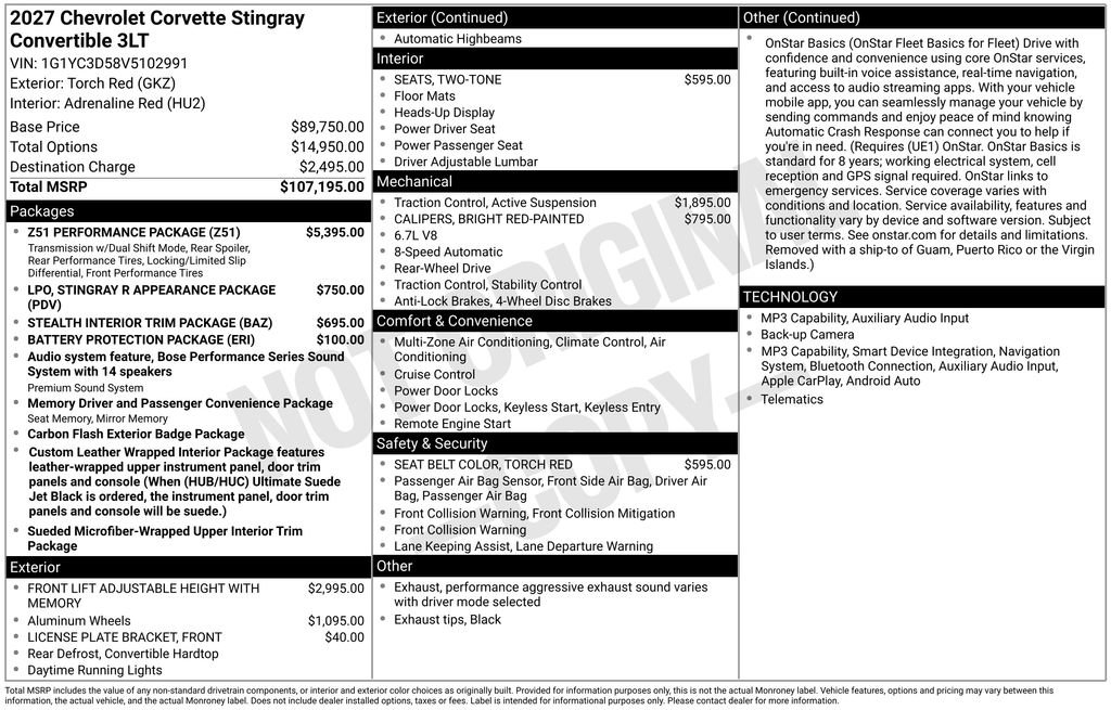 New 2027 Chevrolet Corvette Stingray Convertible w/ Z51 Performance Package RWD image 6