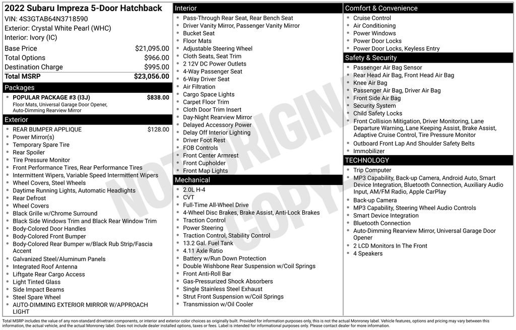 Used 2022 Subaru Impreza 2.0i w/ Popular Package #3 AWD/4WD image 15