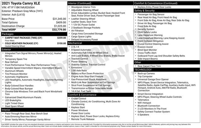 Used 2021 Toyota Camry XLE w/ Carpet Mat Package (TMS) AWD/4WD image 30