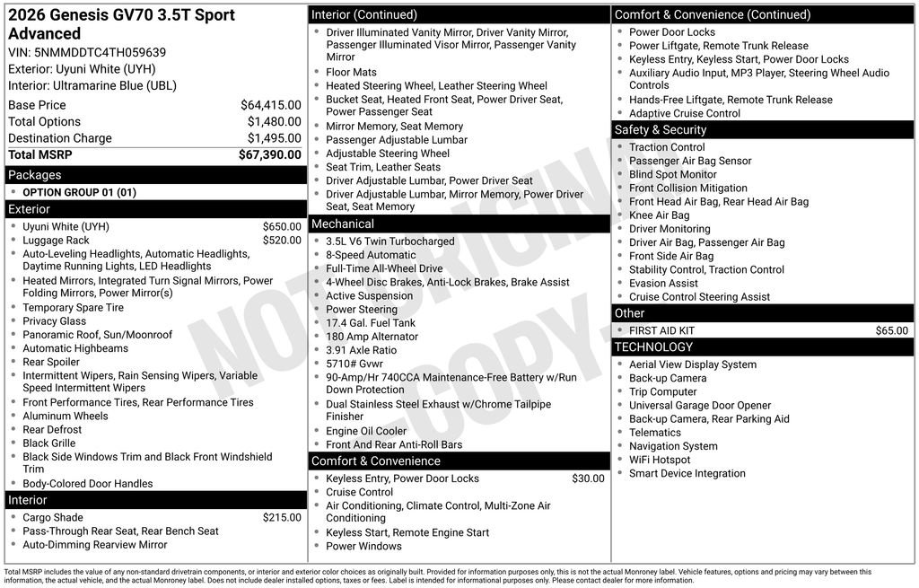 New 2026 Genesis GV70 3.5T Sport Advanced AWD/4WD image 2