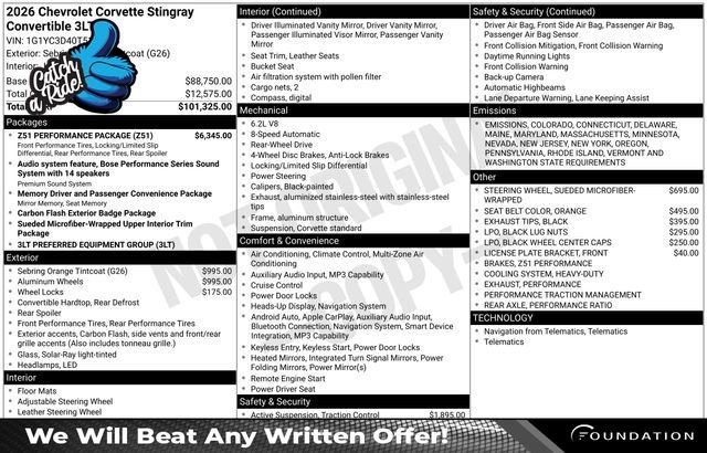 New 2026 Chevrolet Corvette Stingray Premium Conv w/ Z51 Performance Package
