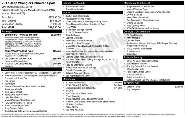 Used 2017 Jeep Wrangler Unlimited Sport w/ Quick Order Package 24S AWD/4WD image 34