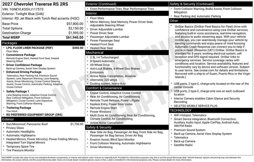 New 2027 Chevrolet Traverse RS w/ LPO, Floor Liner Package AWD/4WD image 4