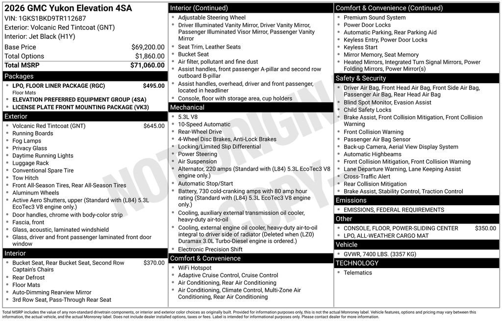 New 2026 GMC Yukon Elevation w/ LPO, Floor Liner Package image 5