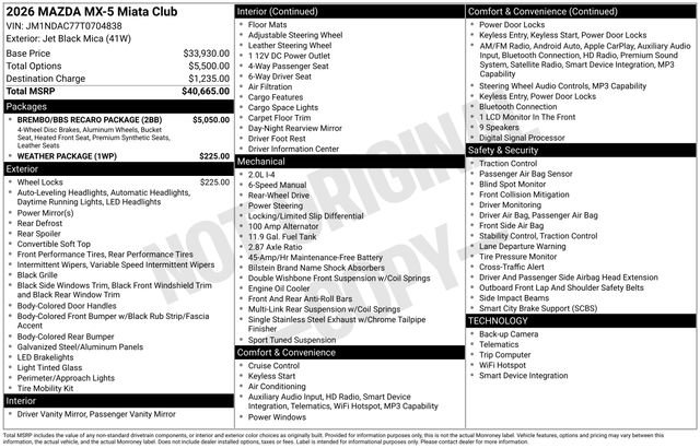 New 2026 MAZDA MX-5 Miata Club w/ Brembo/BBS Recaro Package RWD image 4
