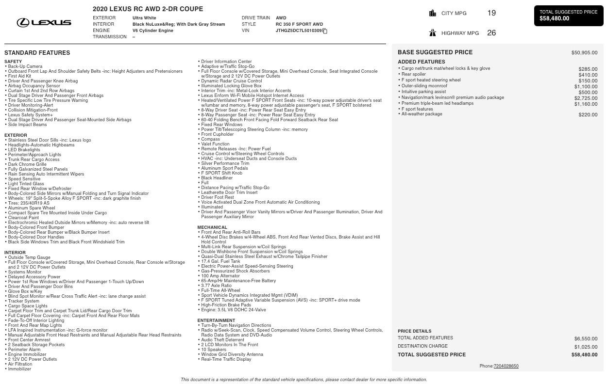 Used 2020 Lexus RC 350 F Sport w/ Accessory Package image 2