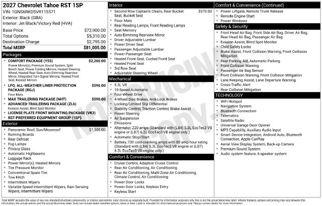 New 2027 Chevrolet Tahoe RST w/ Comfort Package AWD/4WD image 6