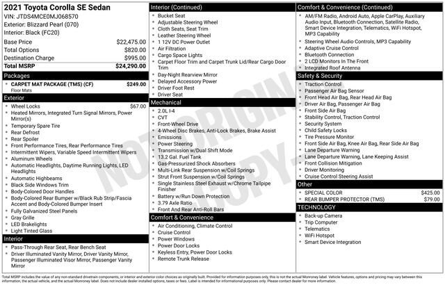 Certified 2021 Toyota Corolla SE w/ Carpet Mat Package (TMS) FWD image 32