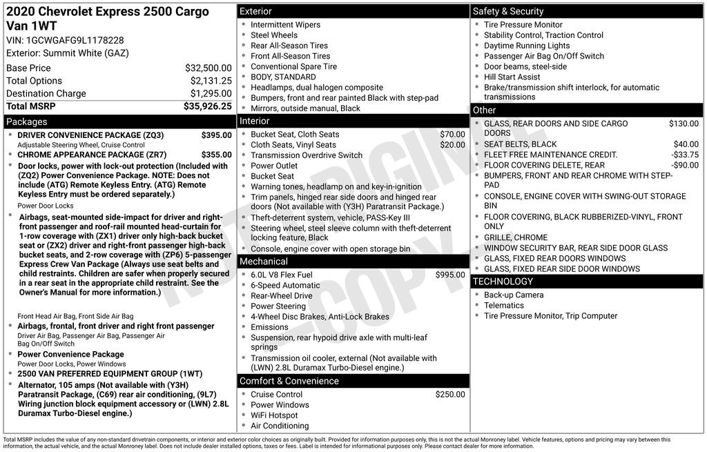 Used 2020 Chevrolet Express 2500 w/ Driver Convenience Package