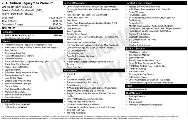 Used 2016 Subaru Legacy 2.5i Premium w/ Popular Package #1 AWD/4WD image 2