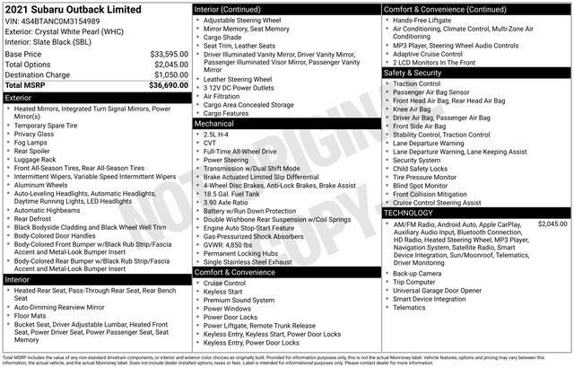 Certified 2021 Subaru Outback Limited image 3