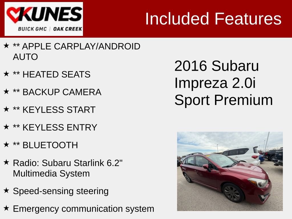 Used 2016 Subaru Impreza 2.0i Sport Premium w/ Popular Package #1 image 2