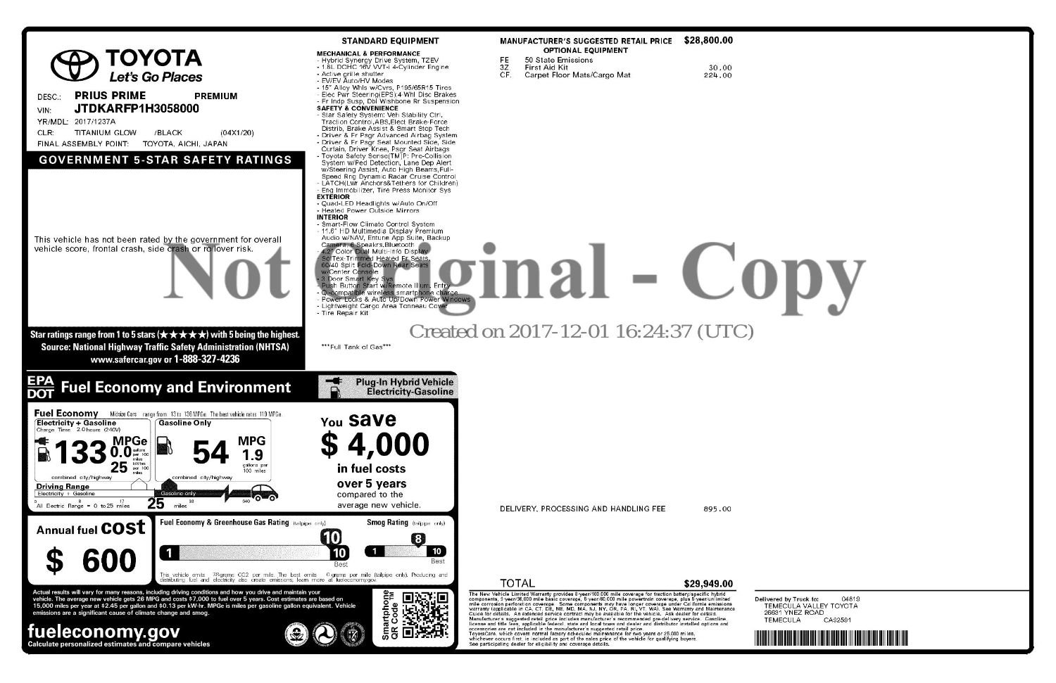 Used 2017 Toyota Prius Prime Premium w/ Carpet Mat Package image 2