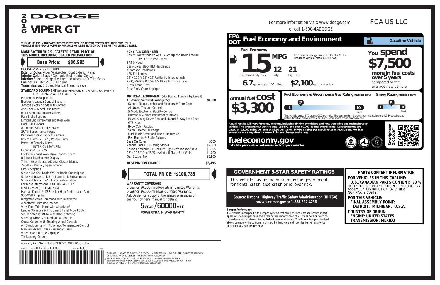 Used 2016 Dodge Viper w/ Quick Order Package 22J GT image 4