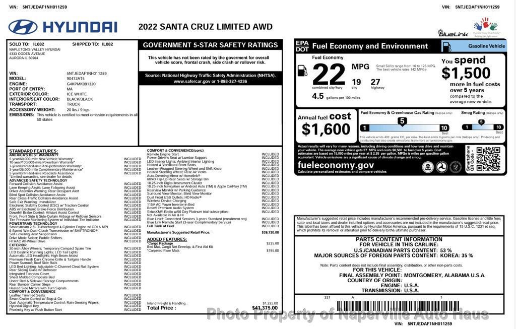 Used 2022 Hyundai Santa Cruz Limited w/ Cargo Package AWD/4WD image 52