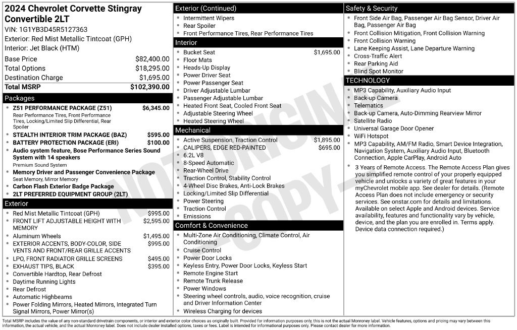 Used 2024 Chevrolet Corvette Stingray Preferred Conv w/ Z51 Performance Package RWD image 3