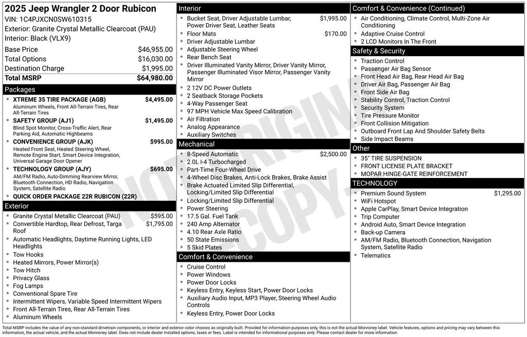 New 2025 Jeep Wrangler Rubicon w/ Xtreme 35 Tire Package AWD/4WD image 3