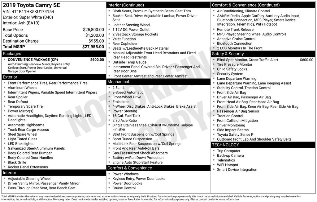 Used 2019 Toyota Camry SE w/ Convenience Package image 8